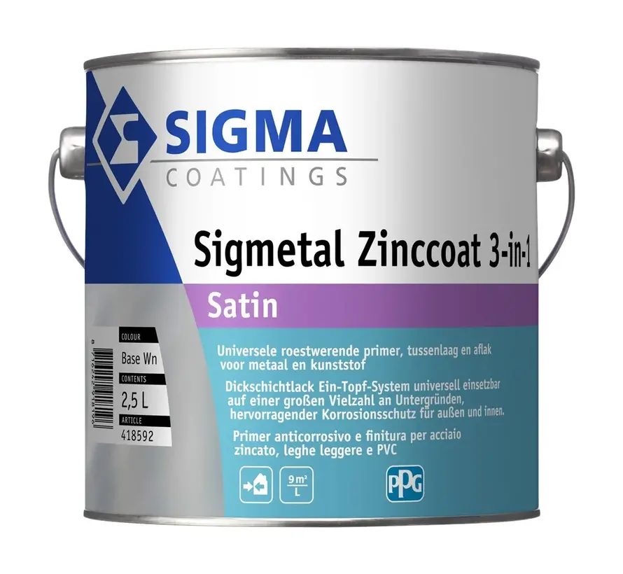 Sigma Sigmetal Zinccoat 3-in-1 Satin | Zijdeglans Grondverf en Lakverf Buiten - 1 LTR 