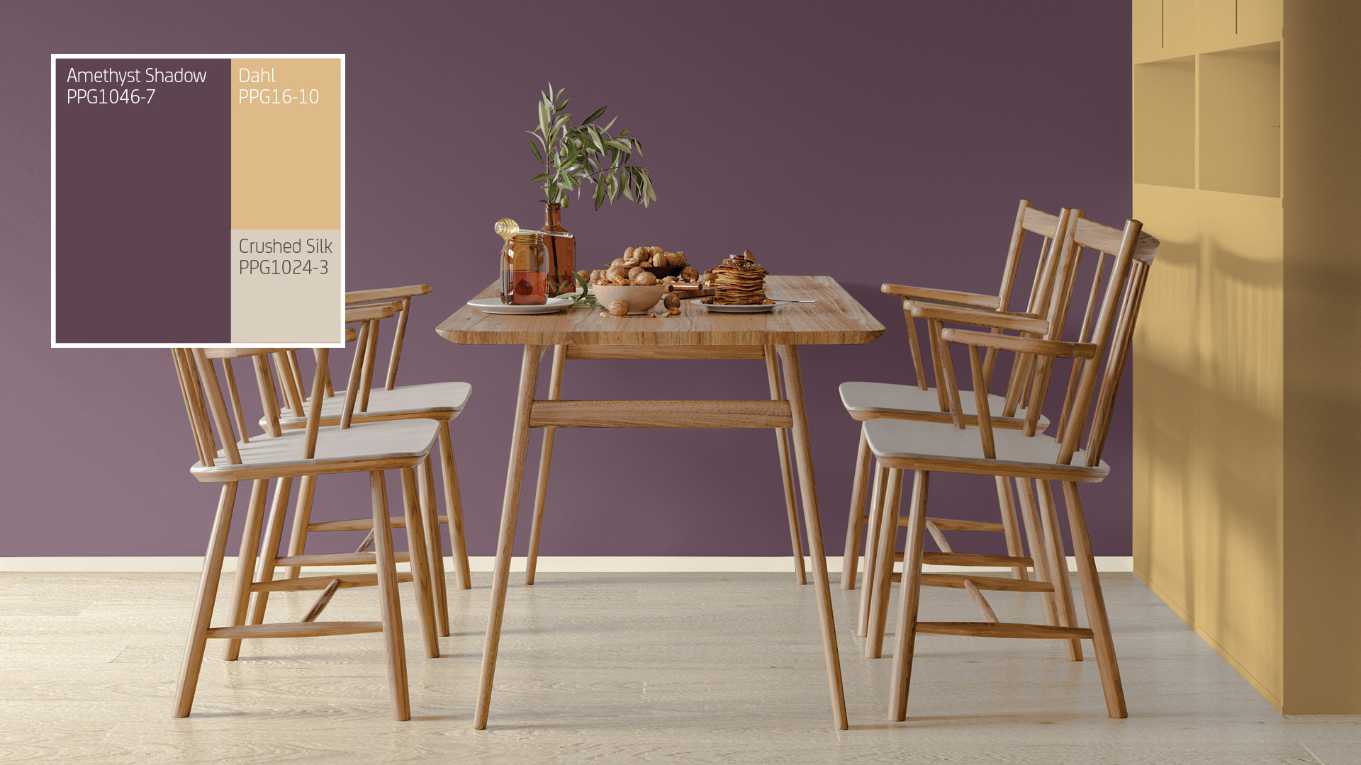 Een premium eetkamer met Ametyst Shadow, Kleur van het Jaar 2025 Een premium eetkamer met Ametyst Shadow, Kleur van het Jaar 2025