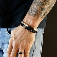 Bali style schakel armband zilver & leer Bali style schakel armband zilver & leer