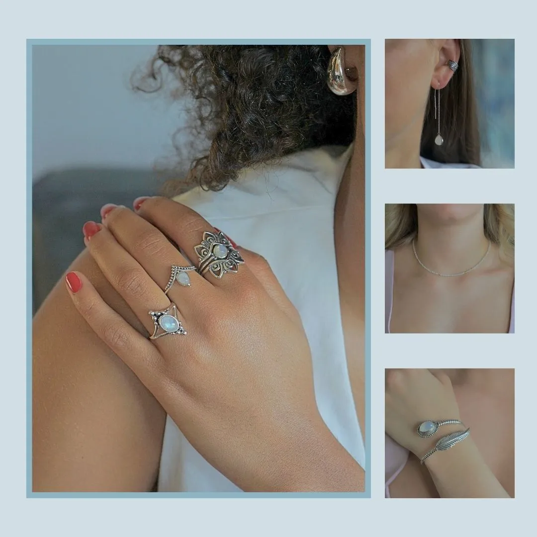 Sieraden met beschermende edelstenen, armbanden, kettingen, oorbellen en ringen.