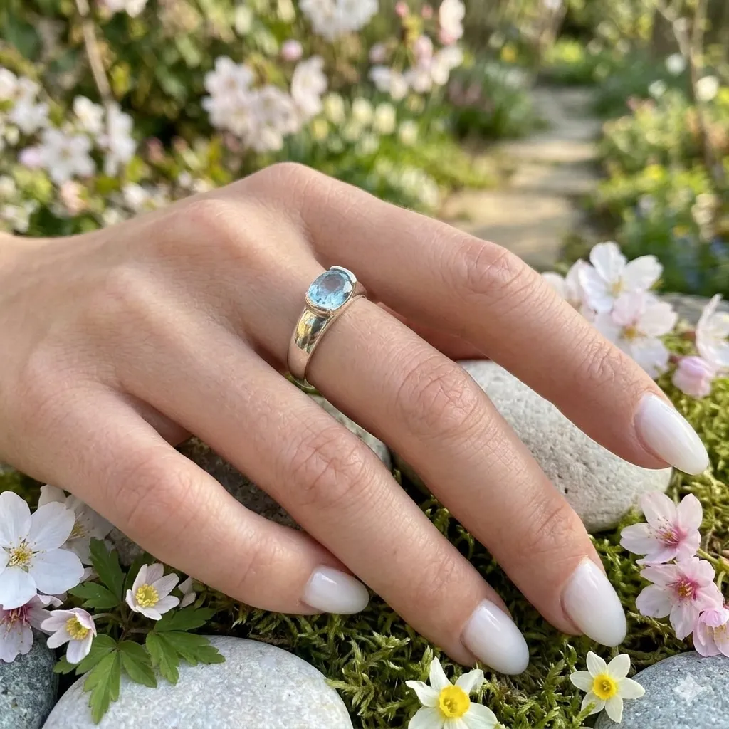 Aquamarijn ring van zilver gedragen aan een dameshand in zachte lentesfeer