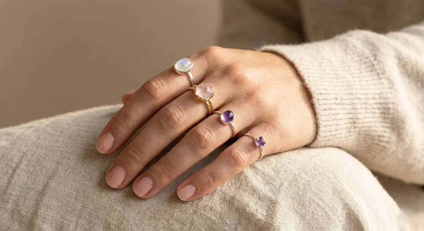 verschillende edelsteen ringen met natuurlijke stenen zoals rozenkwarts en amethist betekenis
