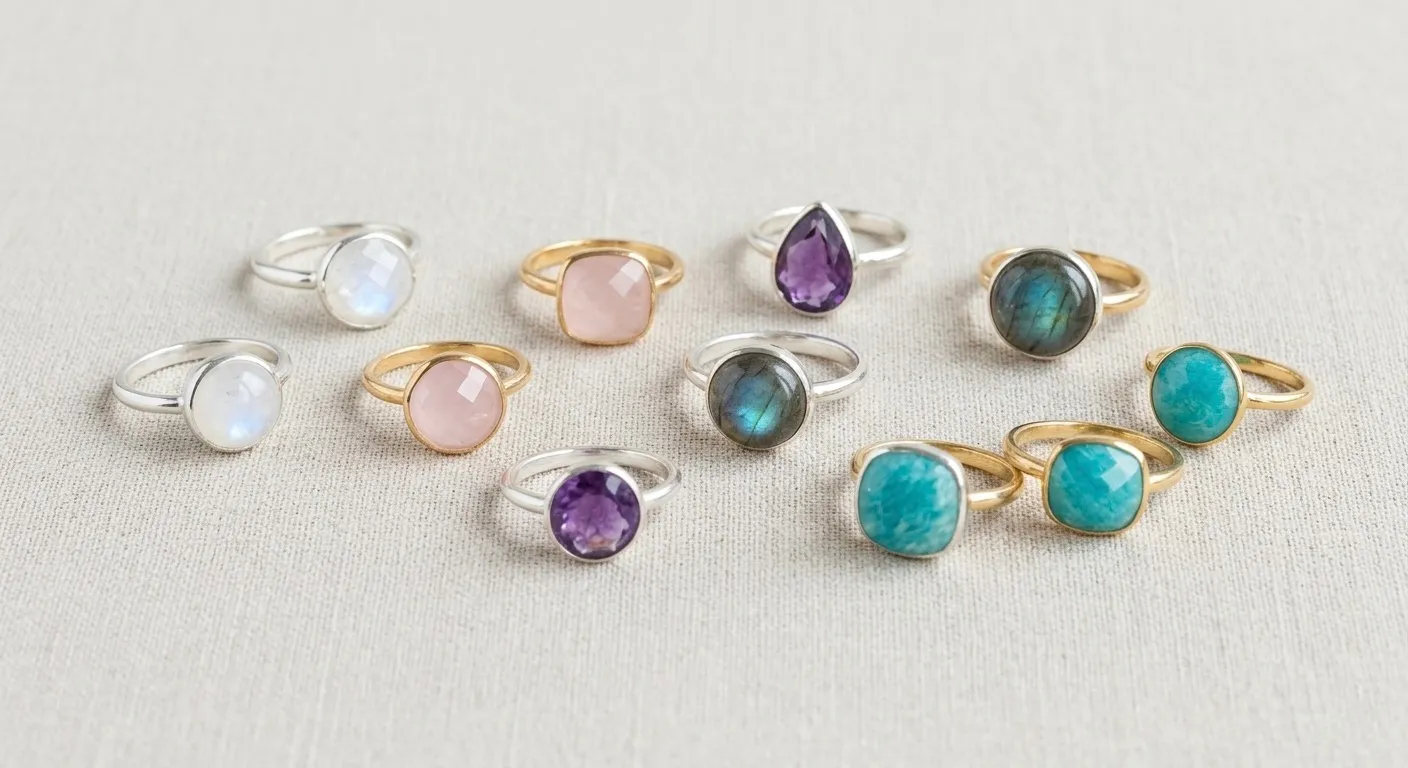 overzicht edelsteen ringen in verschillende kleuren zoals blauw roze en paars