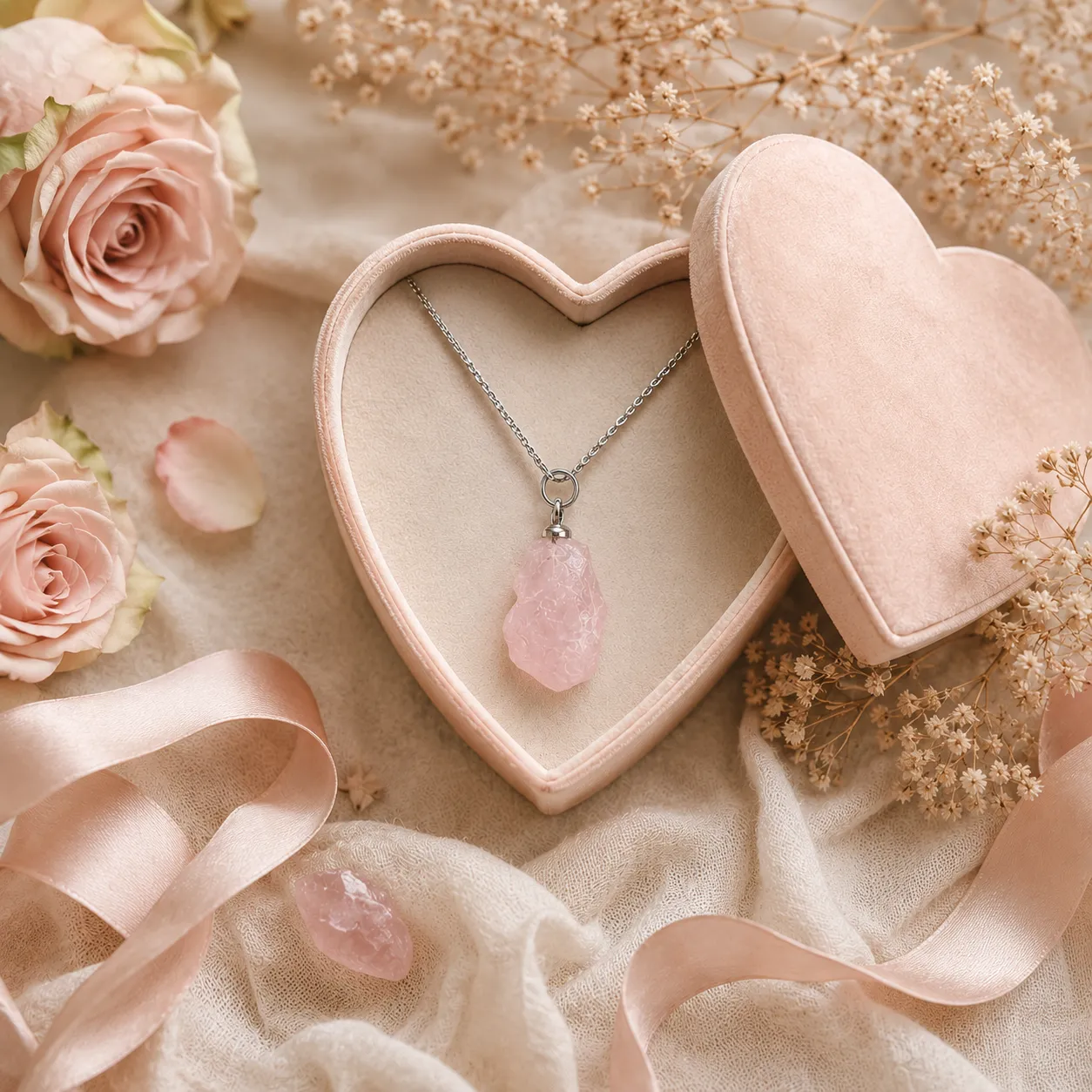 Geboortesteen sieraad als cadeau – rozenkwarts ketting in cadeaudoosje