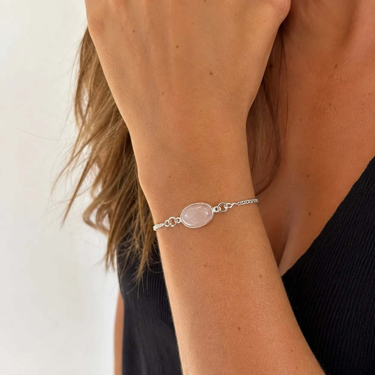Rozenkwarts armband voor het hartchakra — handgemaakt 925 zilver van Leelavadee