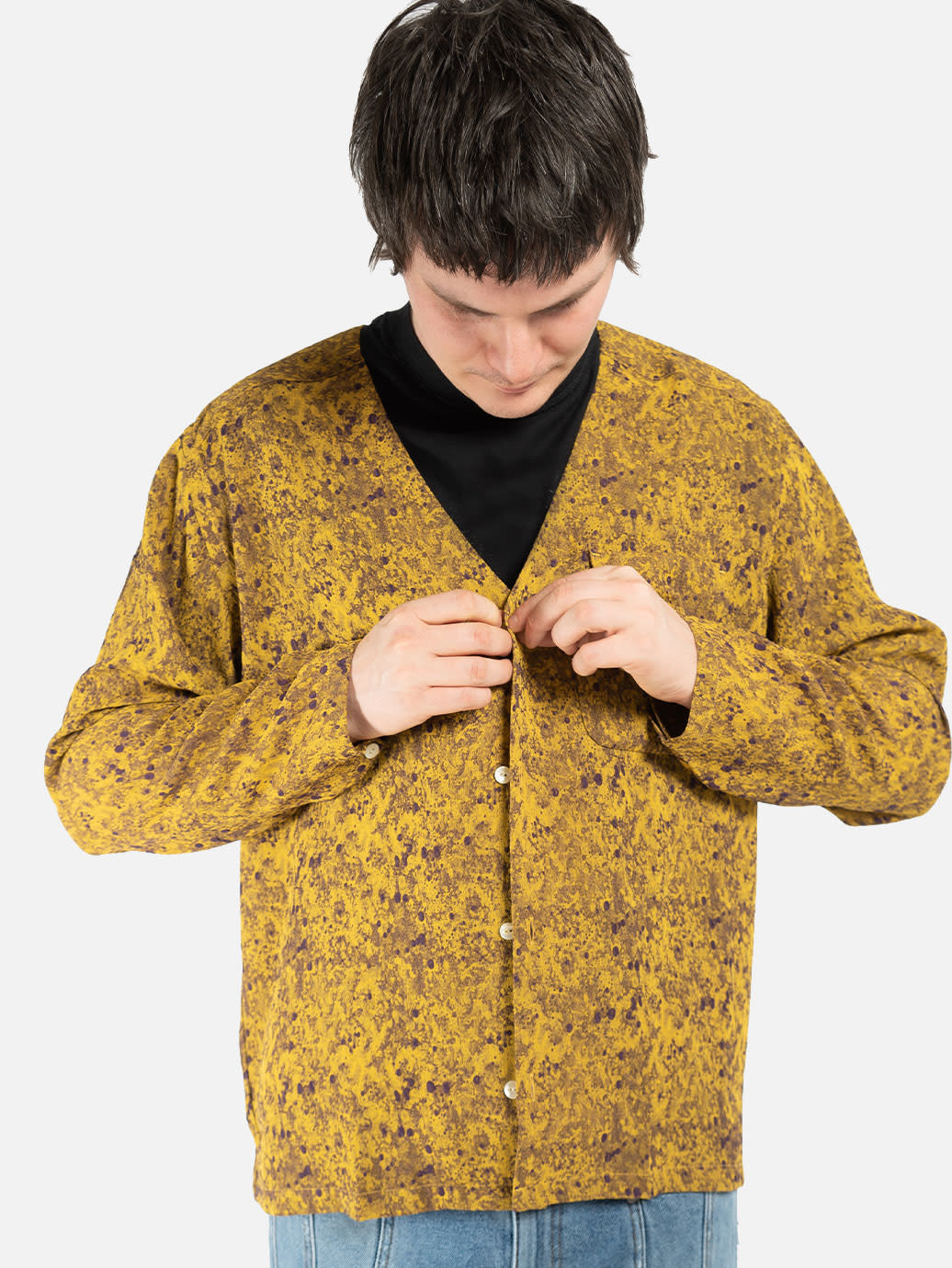 Needles V Neck Shirt - PE/R Abstract Jq. Yellow - OALLERY