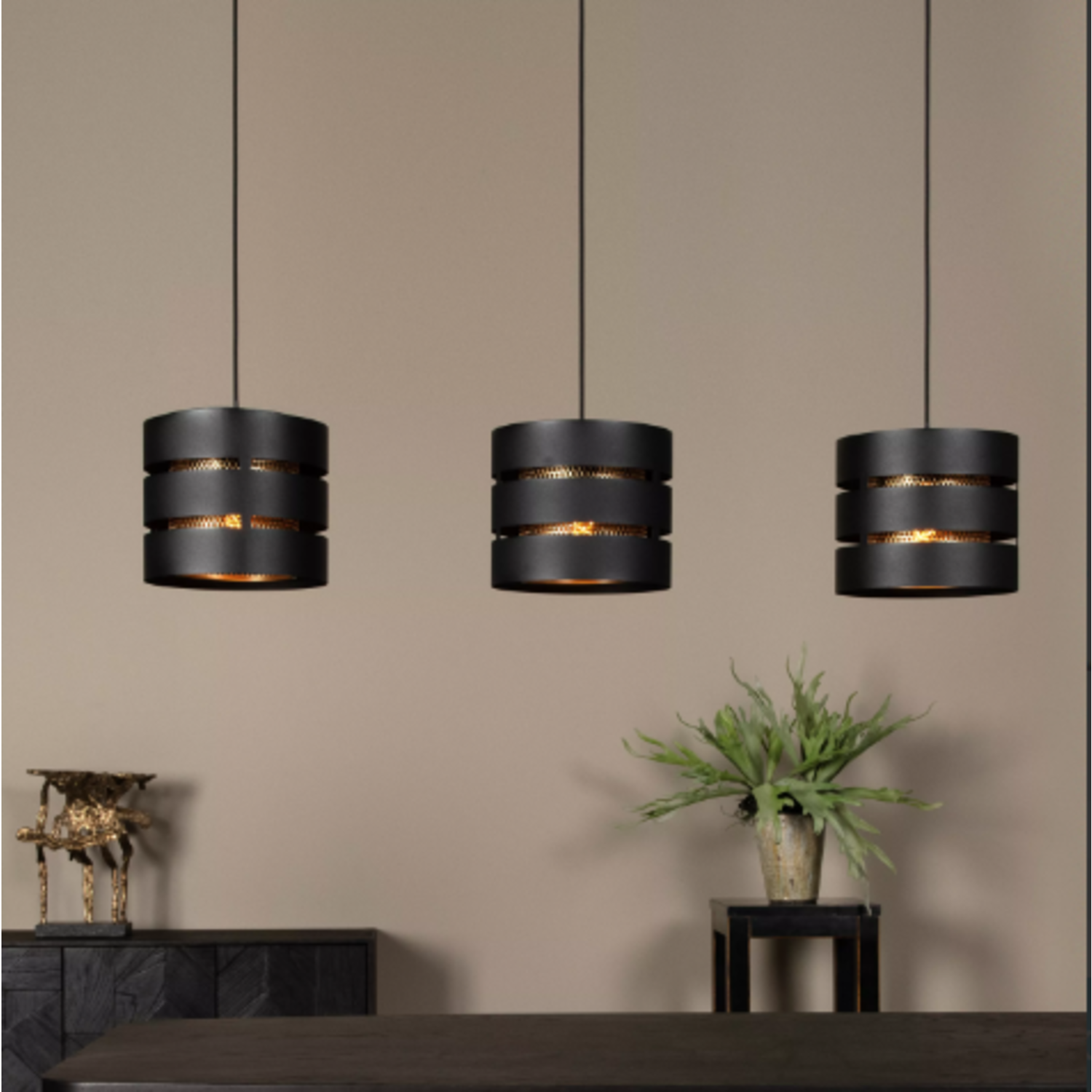3-Lichts eettafelhanglamp mat zwart met smoke glas 30 cm