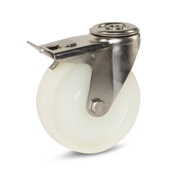 MESO Nylon länkhjul med broms centrumbults infäste - Rostfritt stål 125 mm - 220 kg