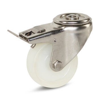 MESO Nylon länkhjul med broms  centrumbults infäste - Rostfritt stål   80 mm - 140 kg