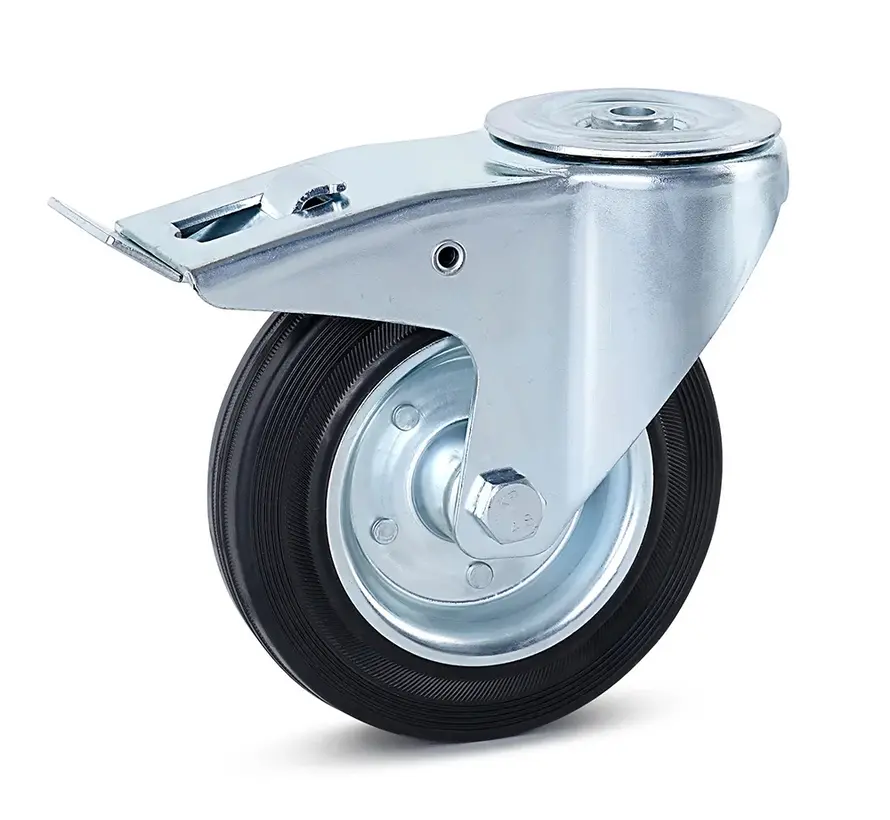 Rullhjul i luktfritt gummi, bromsat med centralt hål - 160mm - 150kg
