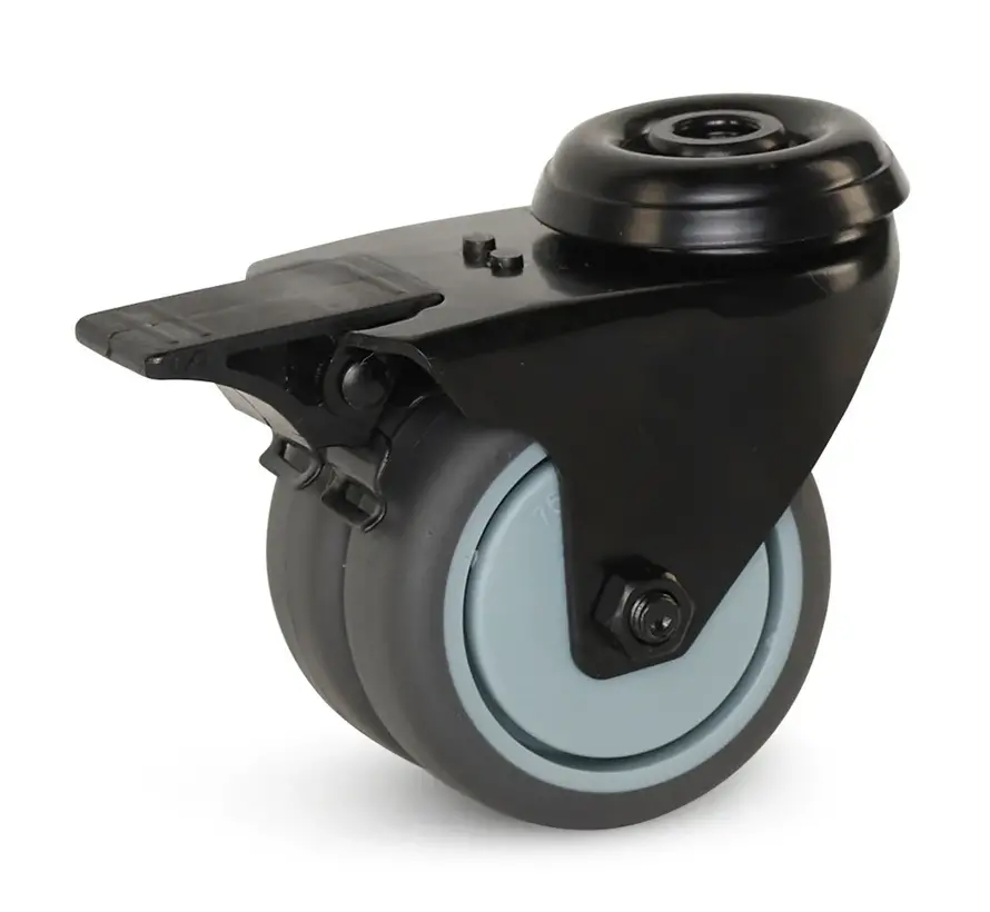 75 mm twin swivel castor with brake, with black housing, bol