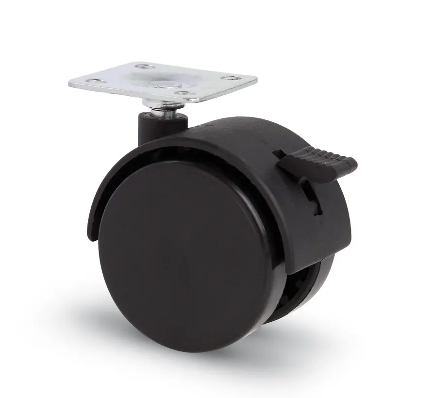 Möbelhjul med lock 50mm Nylon dubbelhård med platta 38x38mm bromsad
