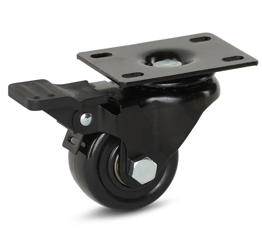 Svängbart hjul i svart nylon, bromsat med topplatta - 50 mm - 150 kg