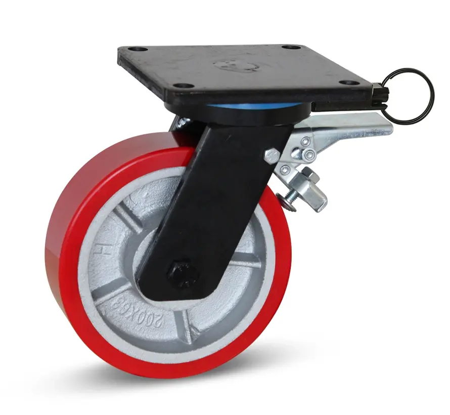 PU extra kraftigt länkhjul bromsat med topplatta och riktningsspärr - 150 mm - 1000 kg