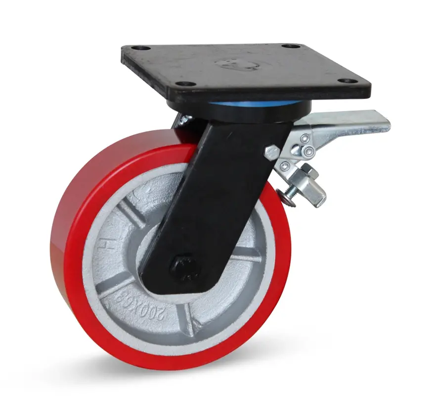 PU extra kraftigt länkhjul bromsat med topplatta - 150mm - 1000kg