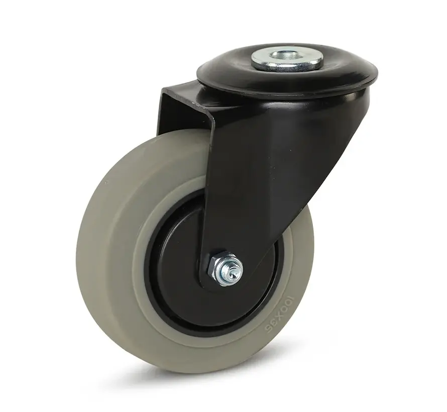 Grå Gummihjul svart hölje med centralt hål - 100mm - 150kg