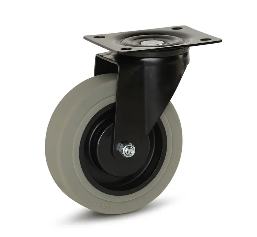 Grå Gummihjul svart hölje med topplatta - 125mm - 180kg