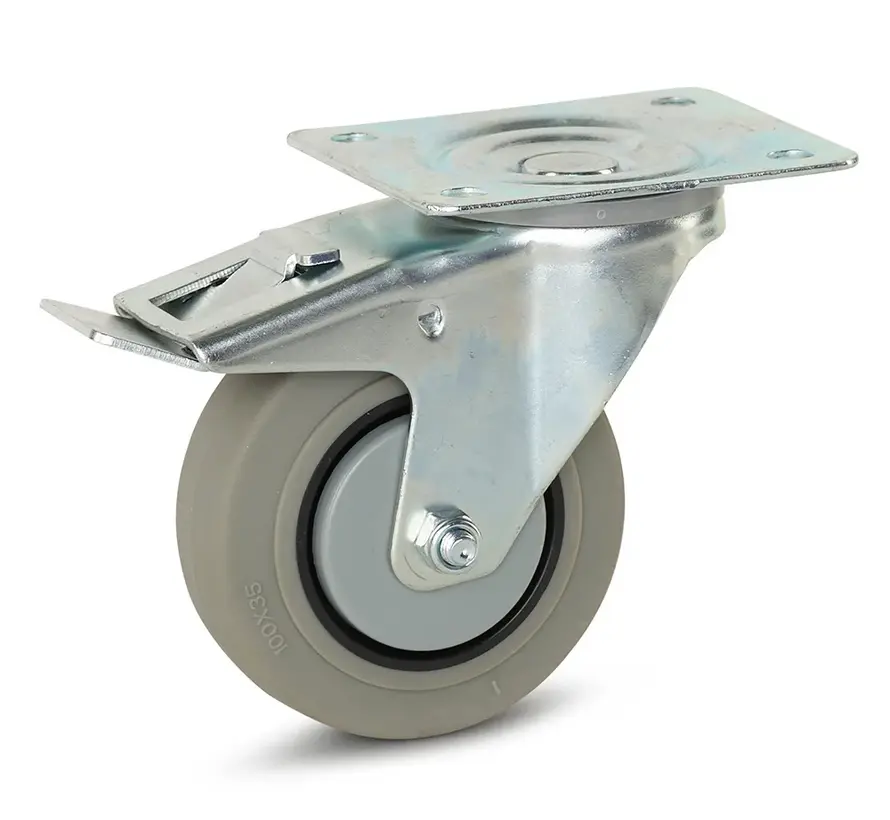 Grå Gummihjul bromsat med topplatta - 100mm - 150kg