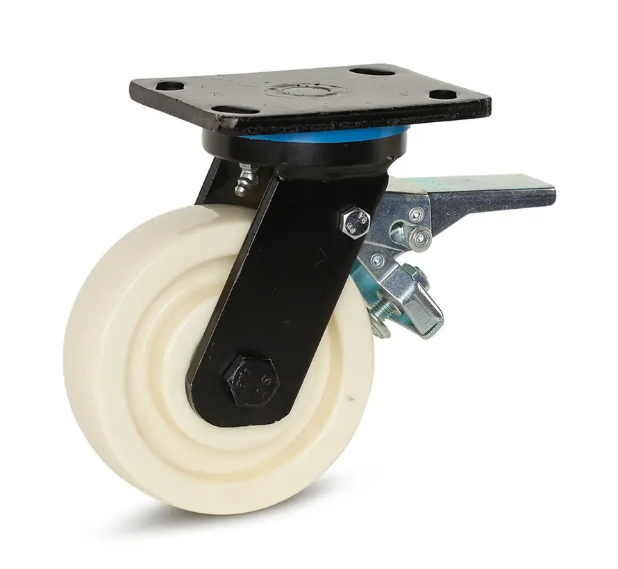 Extra kraftigt svängbart hjul i nylon, bromsat med topplatta - 150 mm - 1.000 kg