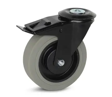 MESO Grått gummihjul med bromsat svart hus och centralt hål - 125 mm - 180 kg