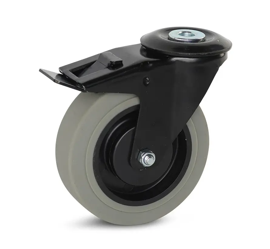 Grått gummihjul med bromsat svart hus och centralt hål - 125 mm - 180 kg