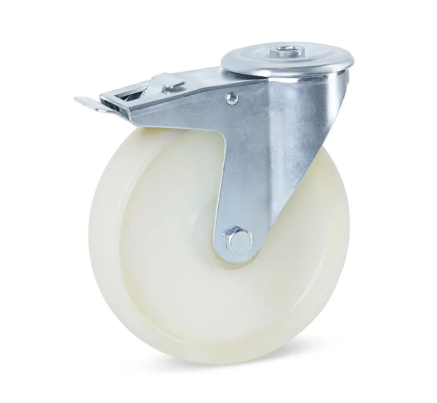 Svängbart bromsat länkhjul i nylon med centralt hål - 200 mm - 400 kg