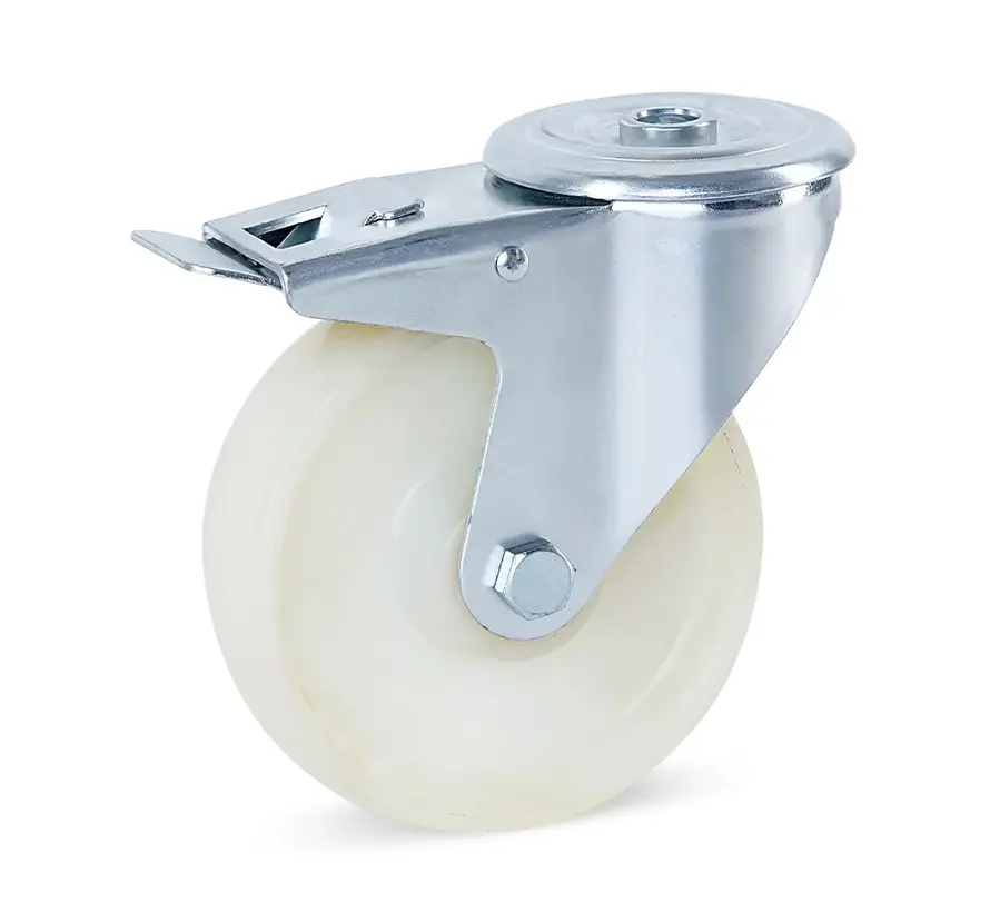 Svängbart bromsat länkhjul i nylon med centralt hål - 150 mm - 350 kg