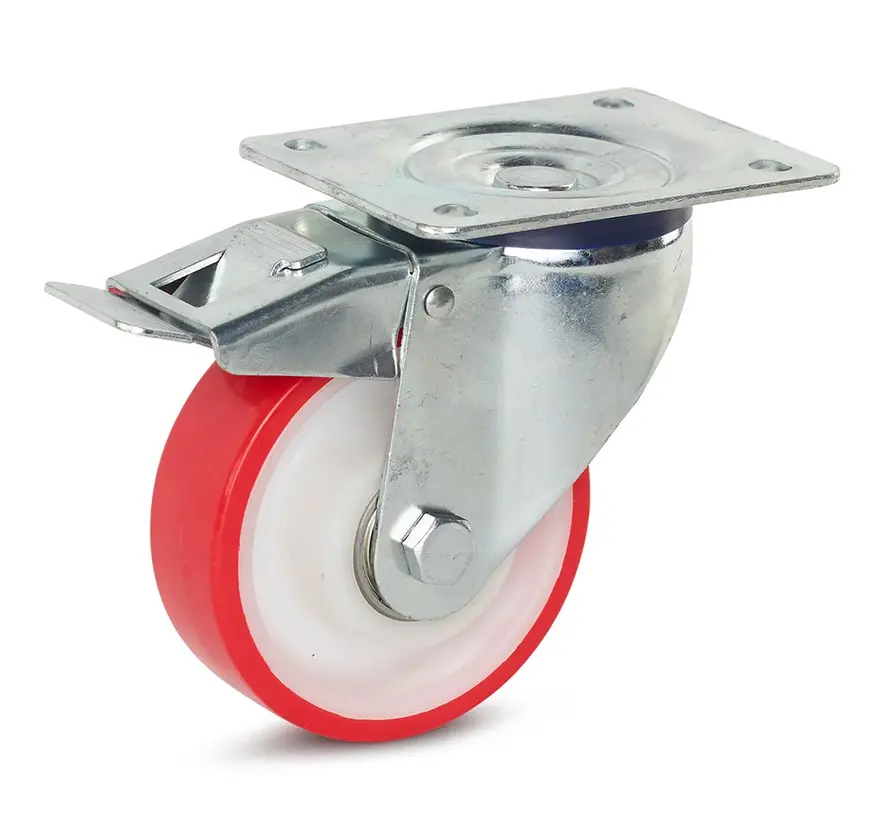 PU länkhjul bromsat med topplatta - 125mm - 270kg