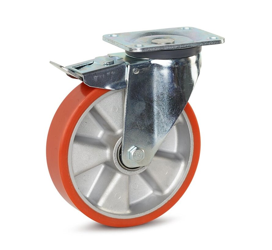 PU tunga länkhjul bromsade med topplatta - 200mm - 800kg