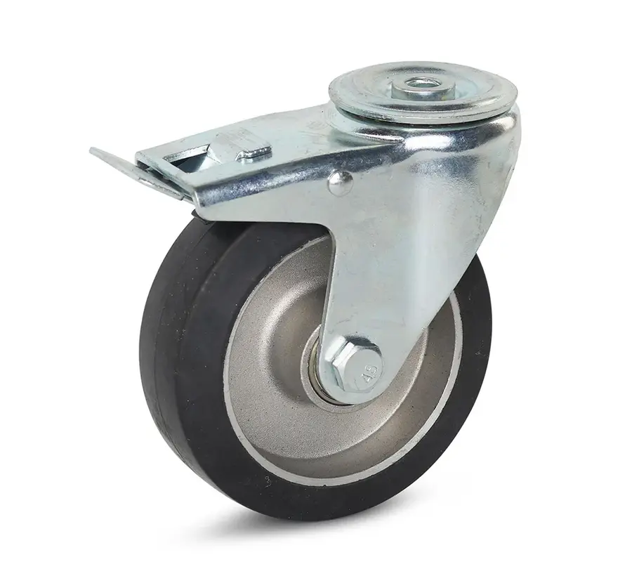 Svart elastiskt gummi svängbart hjul bromsat med centralt hål - 125mm - 300kg