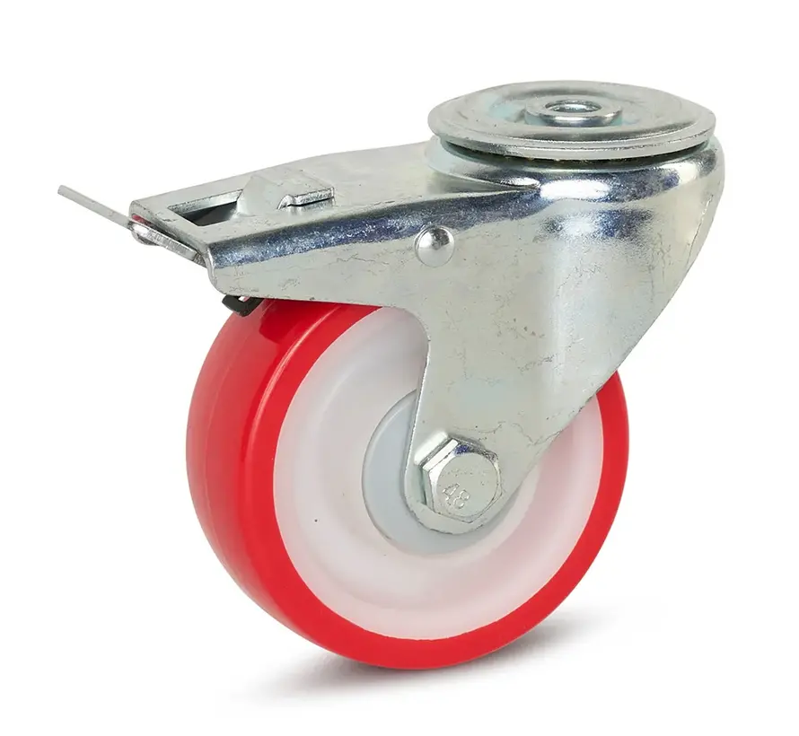 Polyuretan Länkhjul med broms centrumbults infäste  100 mm - PUP6-100