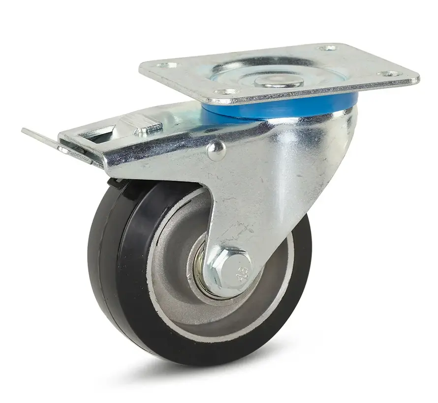 Svart elastiskt gummi svängbart hjul bromsat med topplatta - 100mm - 220kg