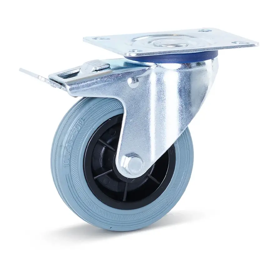 Svängbart hjul i grått gummi, bromsat med topplatta - 100mm - 75kg - Randig