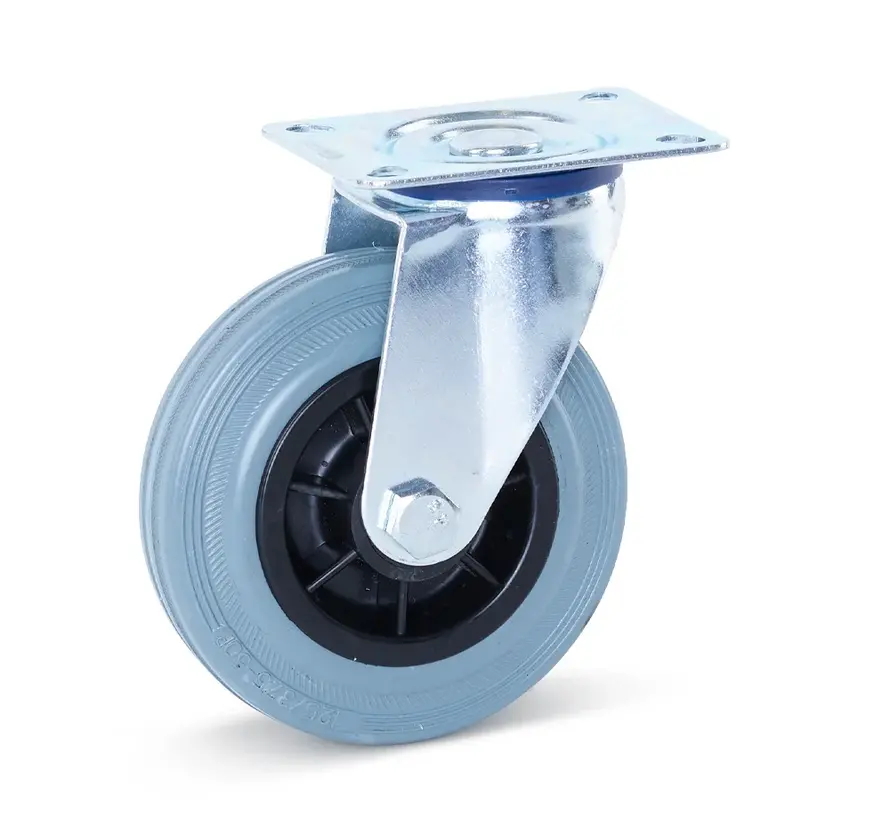 Svängbart hjul i grått gummi med topplatta - 125 mm - 120 kg - Märkfritt
