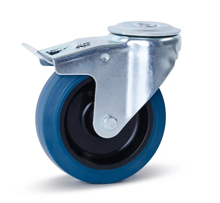 Blå elastiskt gummi svängbart hjul bromsat med centralt hål - 125mm - 180kg