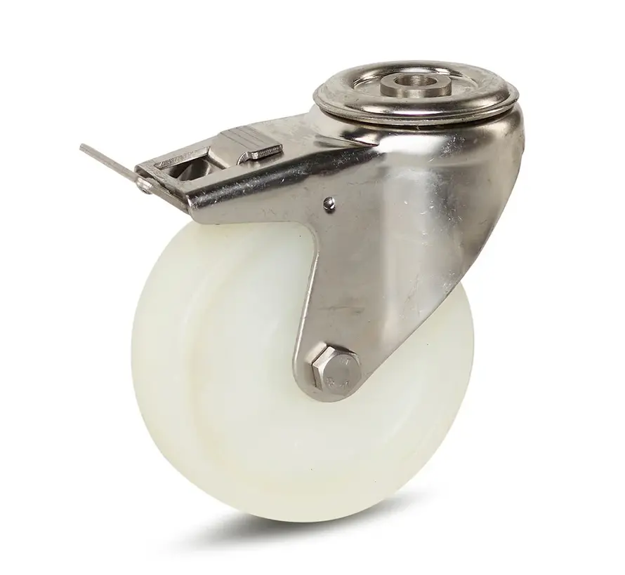 Nylon länkhjul med broms  centrumbults infäste– Rostfritt stål 100 mm - RNY6-100G