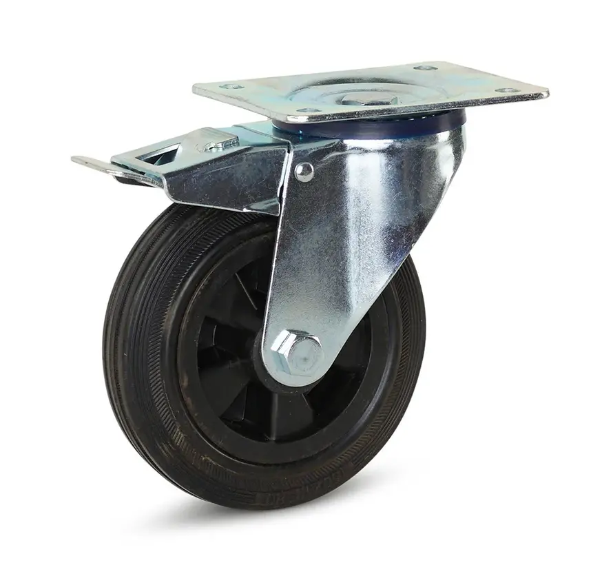 Svängbart gummihjul bromsat med topplatta - 160 mm - 140 kg
