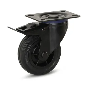 MESO Svängbart hjul i svart gummi, bromsat med topplatta - 100 mm - 75 kg