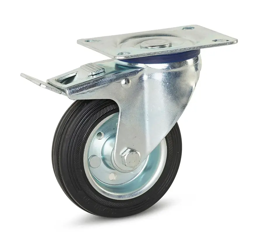 Luktfritt svängbart gummihjul bromsat med topplatta - 100mm - 75kg