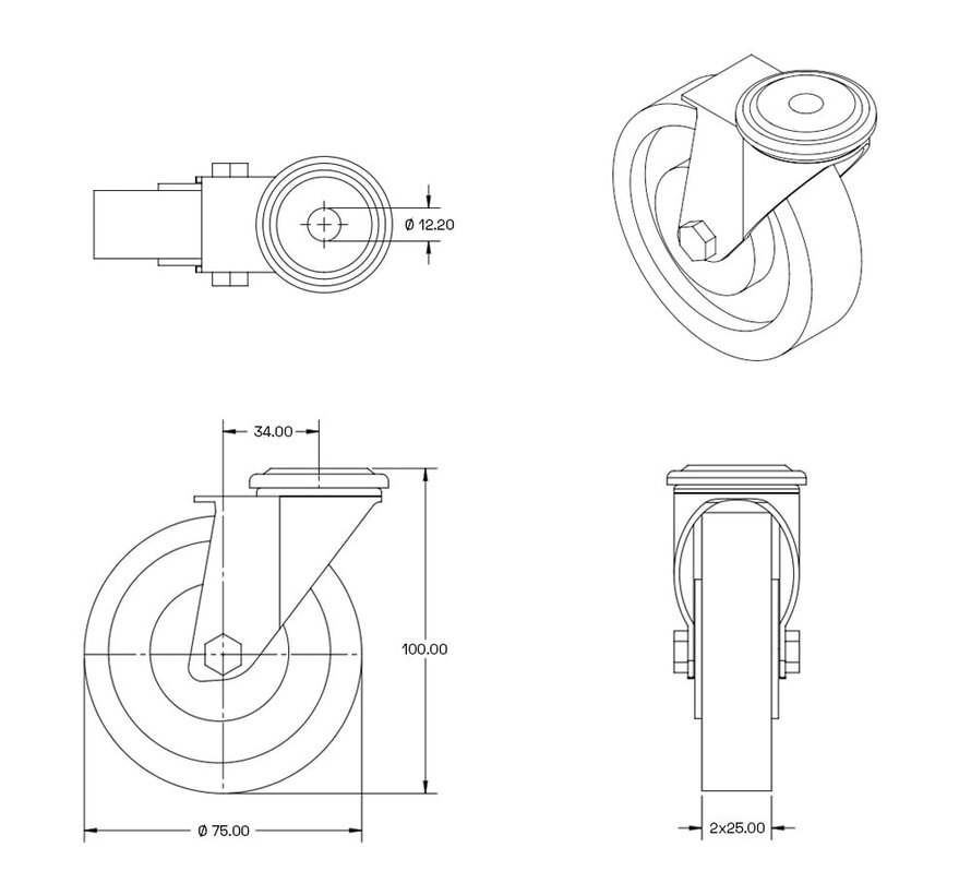 75 mm twin swivel castor with black housing, bolt and nut -
