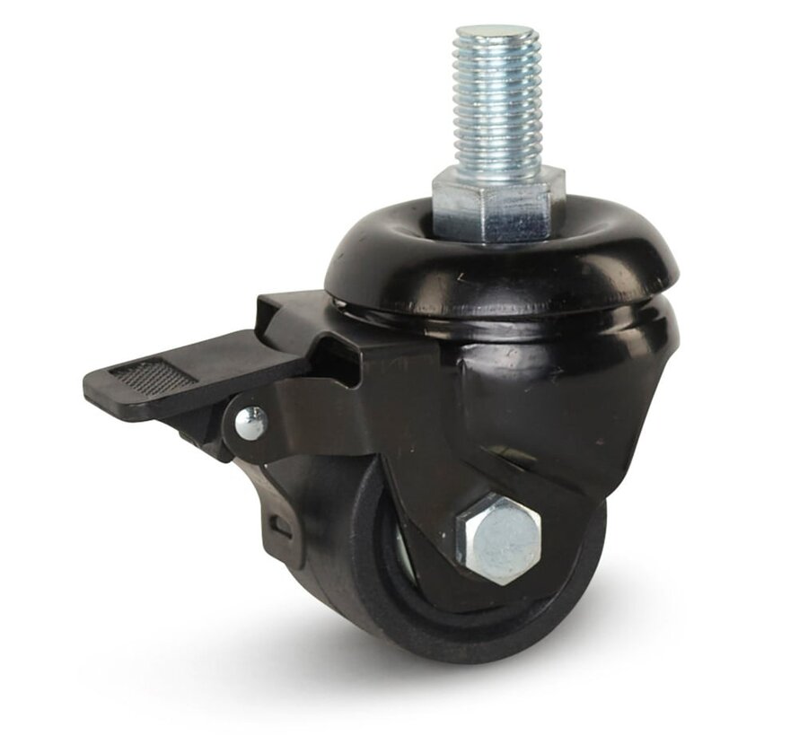 Tungt svängbart hjul i svart nylon, bromsat med gänga - 50 mm - 300 kg