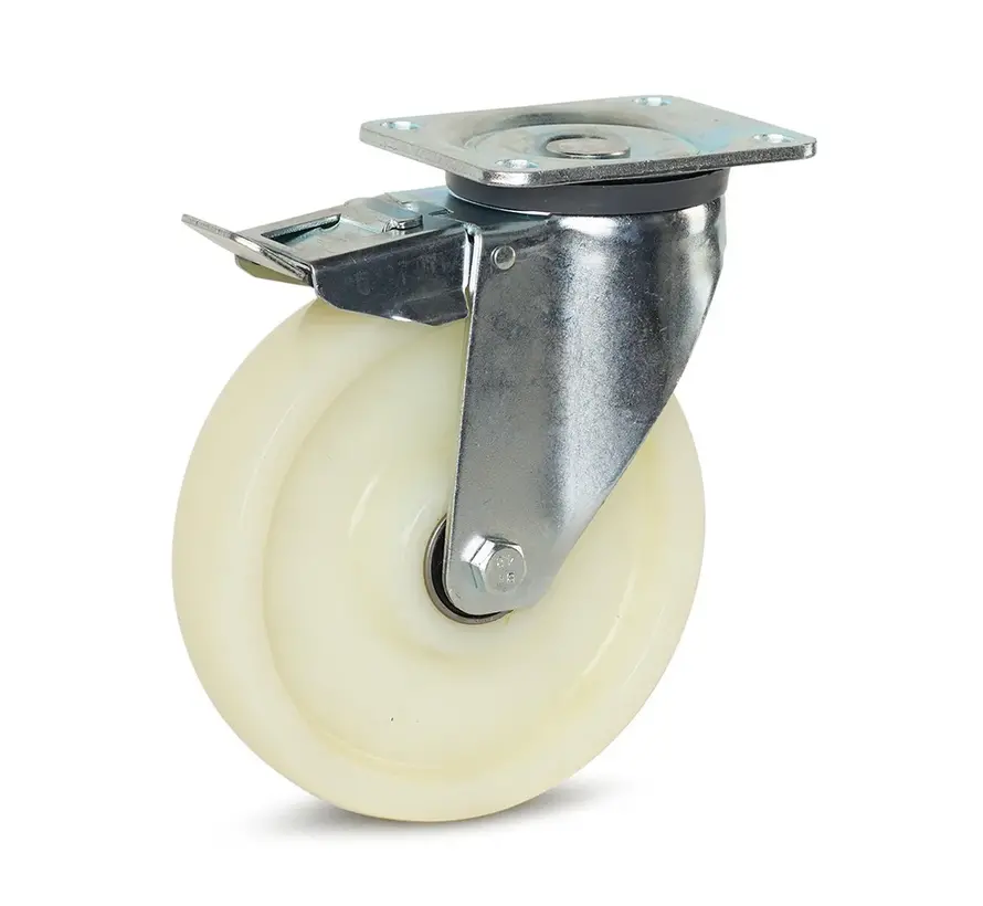 Tungt svängbart hjul i nylon, bromsat med topplatta - 200 mm - 800 kg