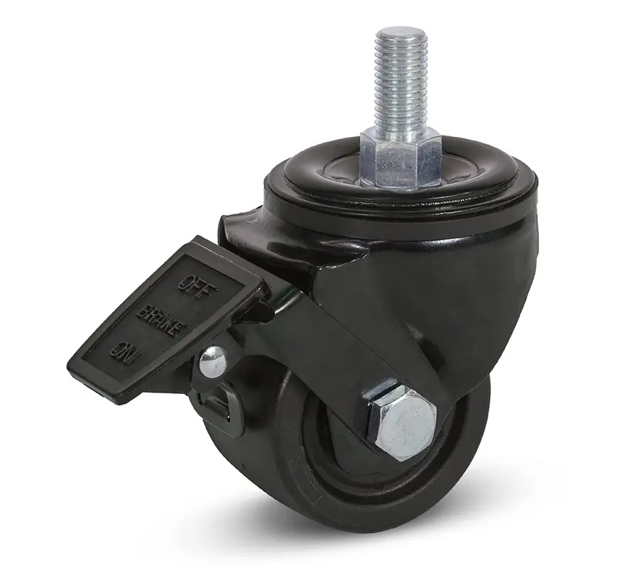 Tungt svängbart hjul i svart nylon, bromsat med gänga - 75 mm - 600 kg