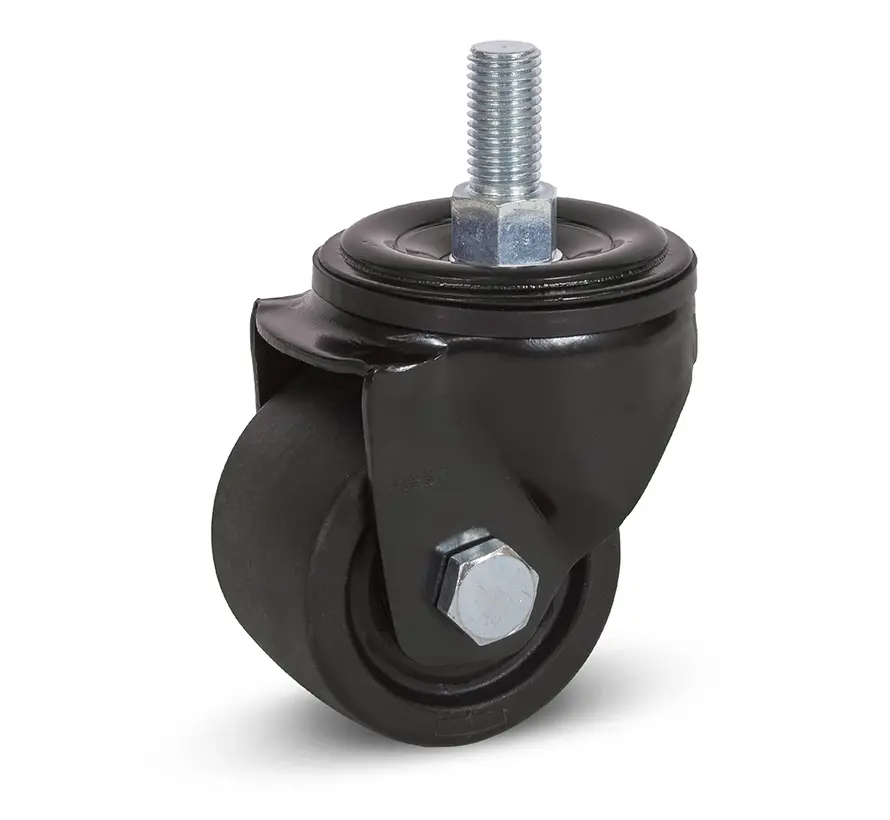 Svårt svängbart hjul med gänga i svart nylon - 65 mm - 500 kg