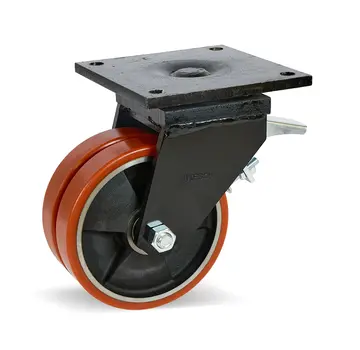 MESO Dubbel PU extra kraftigt länkhjul bromsat med topplatta - 200mm - 2200kg