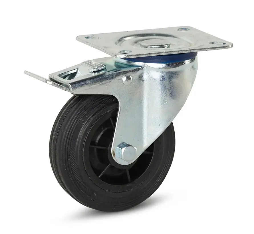 Svängbart gummihjul bromsat med topplatta - 100mm - 100kg
