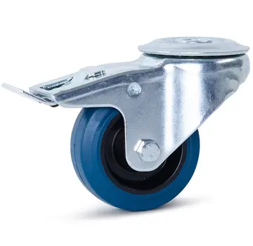 MESO Blå elastiskt gummi svängbart hjul bromsat med centralt hål - 80mm - 100kg