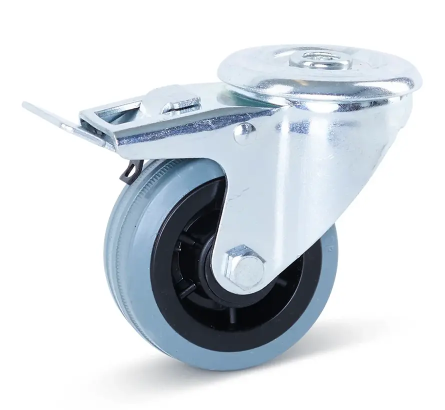 Szary zestaw kołowy skrętny z gumy z hamulcem 80 mm - 60 kg - Bez smug