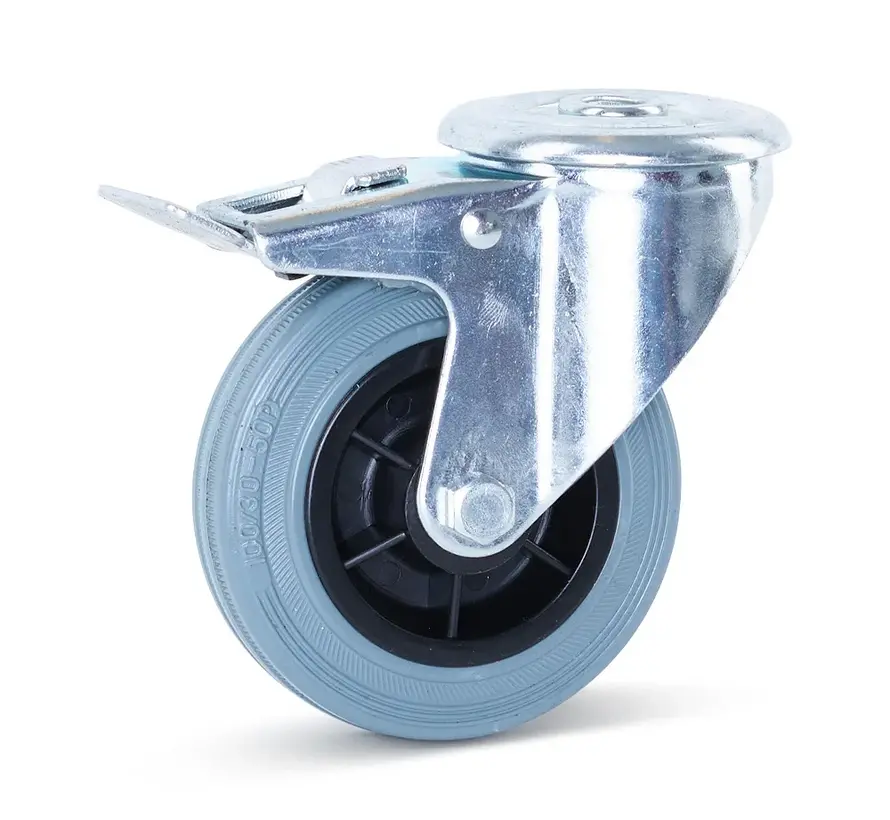 Szary zestaw kołowy skrętny z gumy z hamulcem 100 mm - 75 kg - Bez smug
