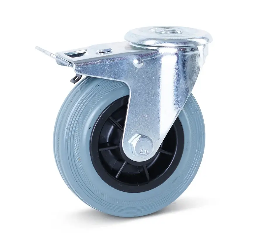 Szary zestaw kołowy skrętny z gumy z hamulcem 125 mm - 120 kg - Bez smug